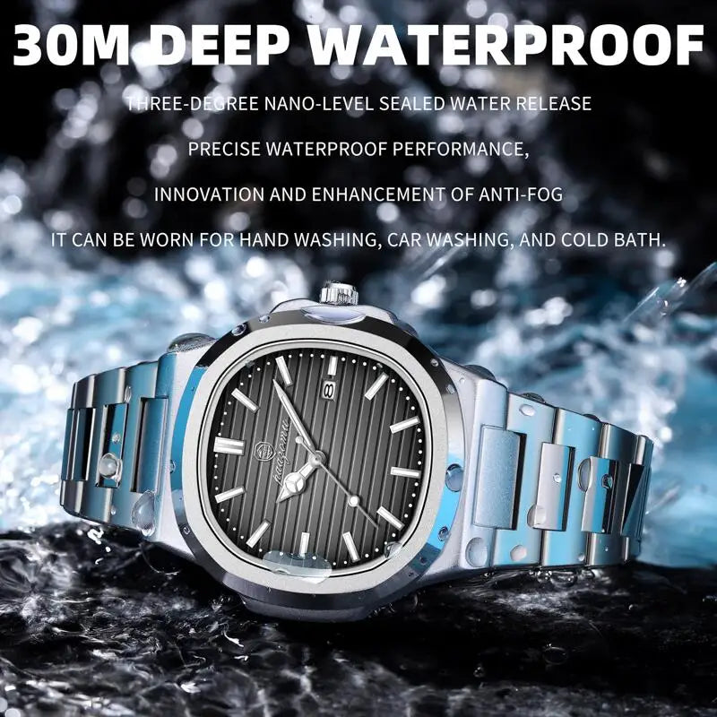 POEDAGAR Men’s Luxury Stainless Steel Watch – Quartz, Luminous, Waterproof with Square Calendar