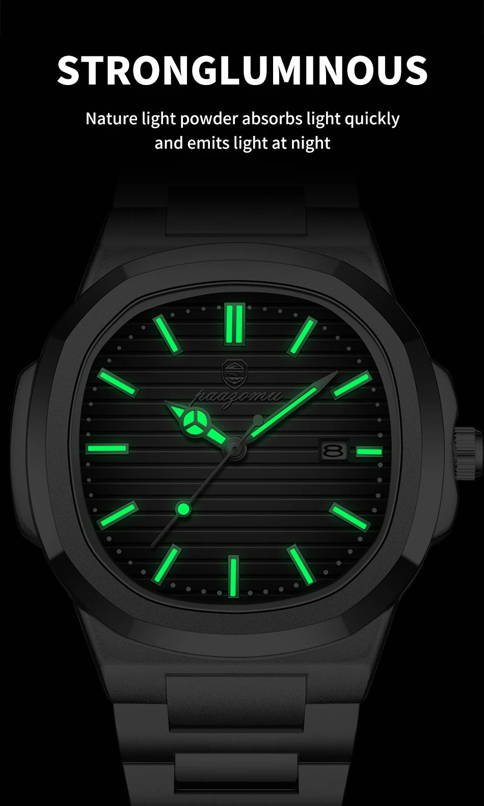 POEDAGAR Men’s Luxury Stainless Steel Watch – Quartz, Luminous, Waterproof with Square Calendar