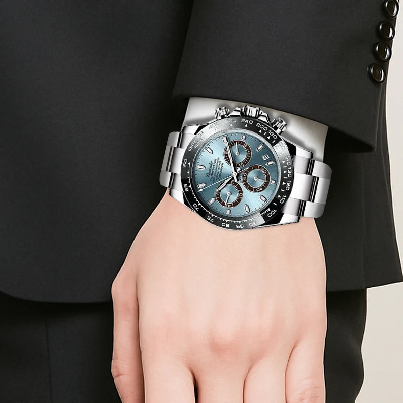 A stylish and elegant three-eye multi-purpose quartz watch with silver steel strap for men