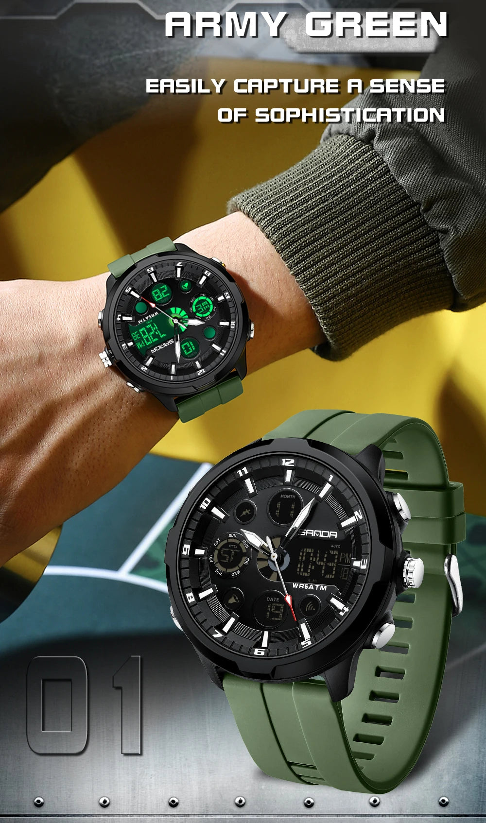 SANDA 9053 Dual-Display Sports Watch – 50M Waterproof