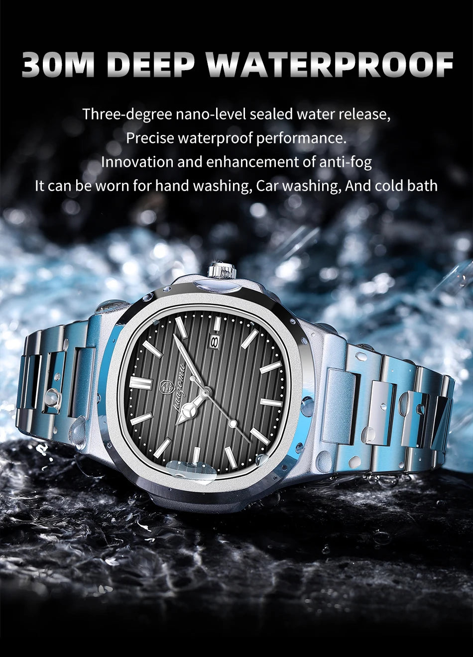 POEDAGAR Men’s Luxury Stainless Steel Watch – Quartz, Luminous, Waterproof with Square Calendar