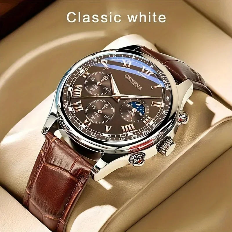 Men’s Round Dial Leather Strap Quartz Watch