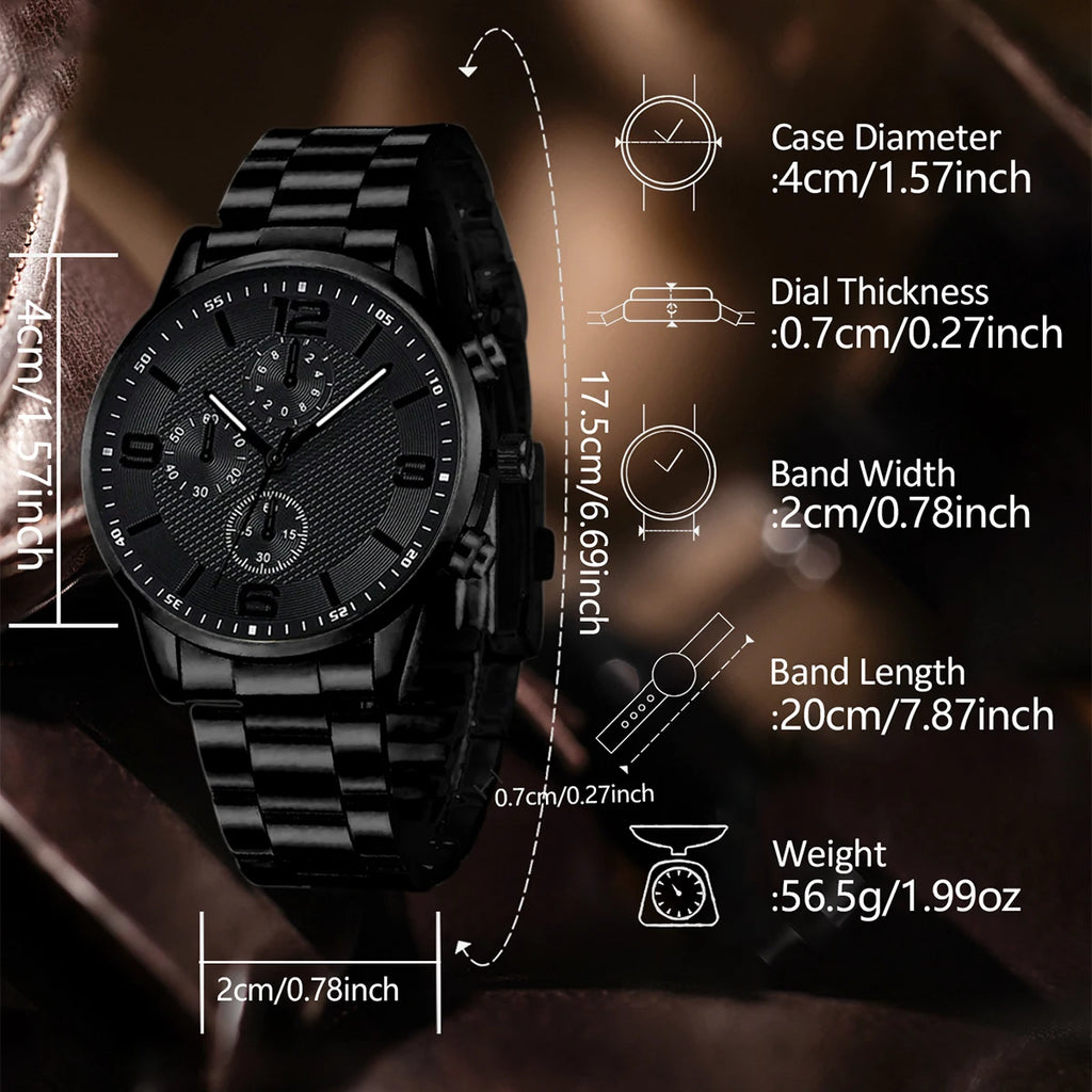 Men’s Black Watch Set – 2/4PCS Classic Quartz & Jewelry