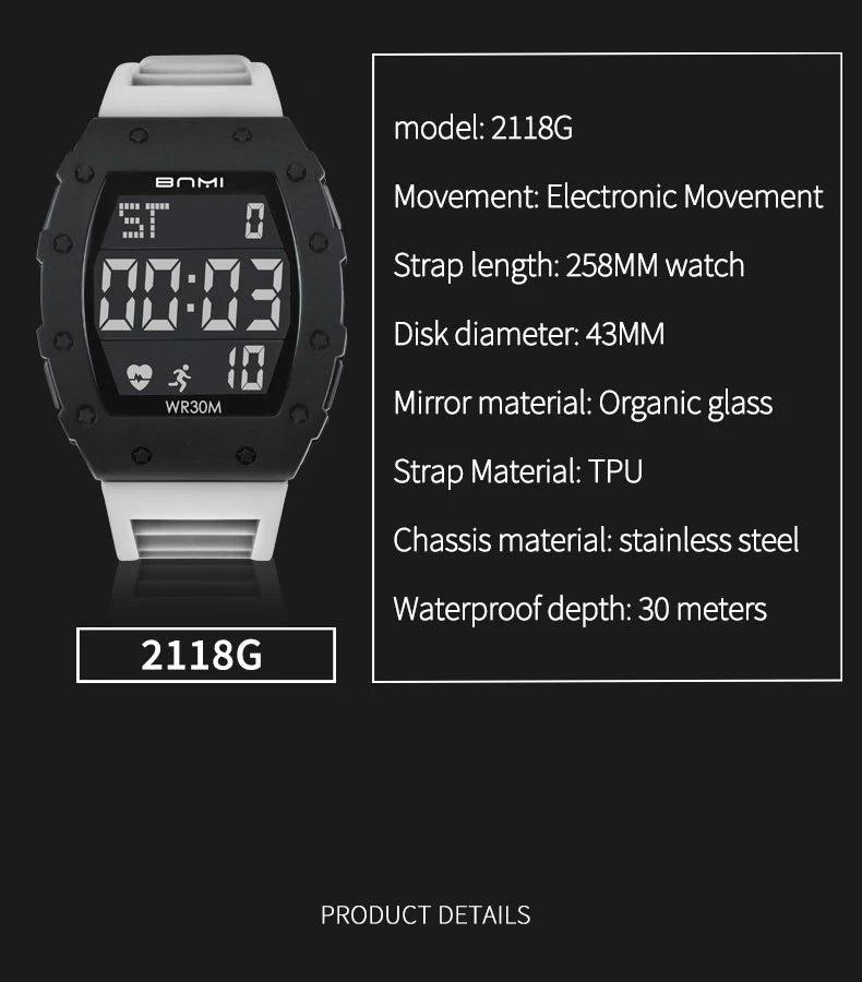 BNMI 2025 Men’s Outdoor Sports Digital Watch – Rectangle Face