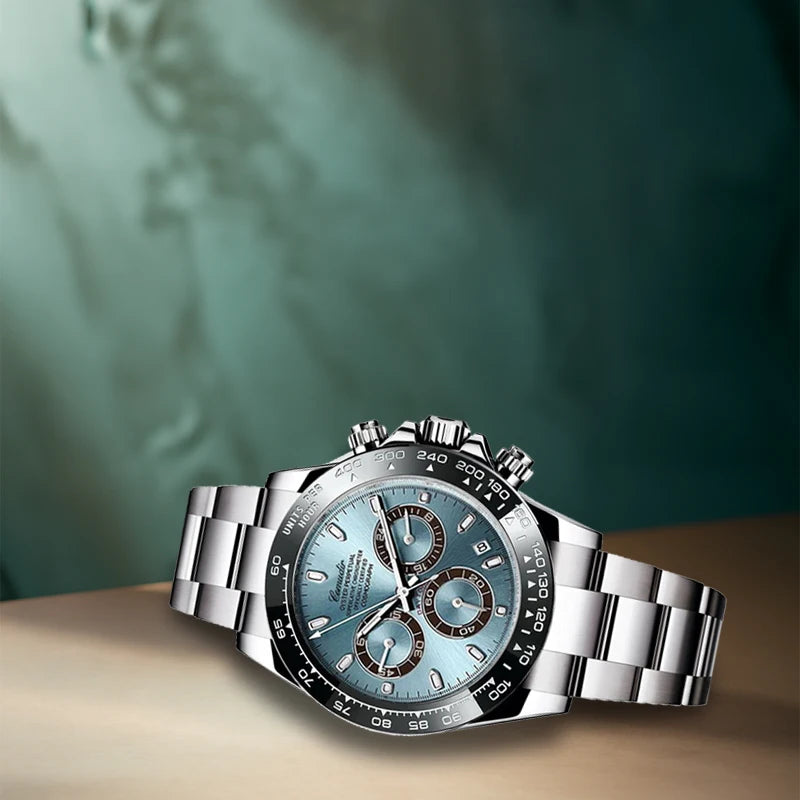 A stylish and elegant three-eye multi-purpose quartz watch with silver steel strap for men