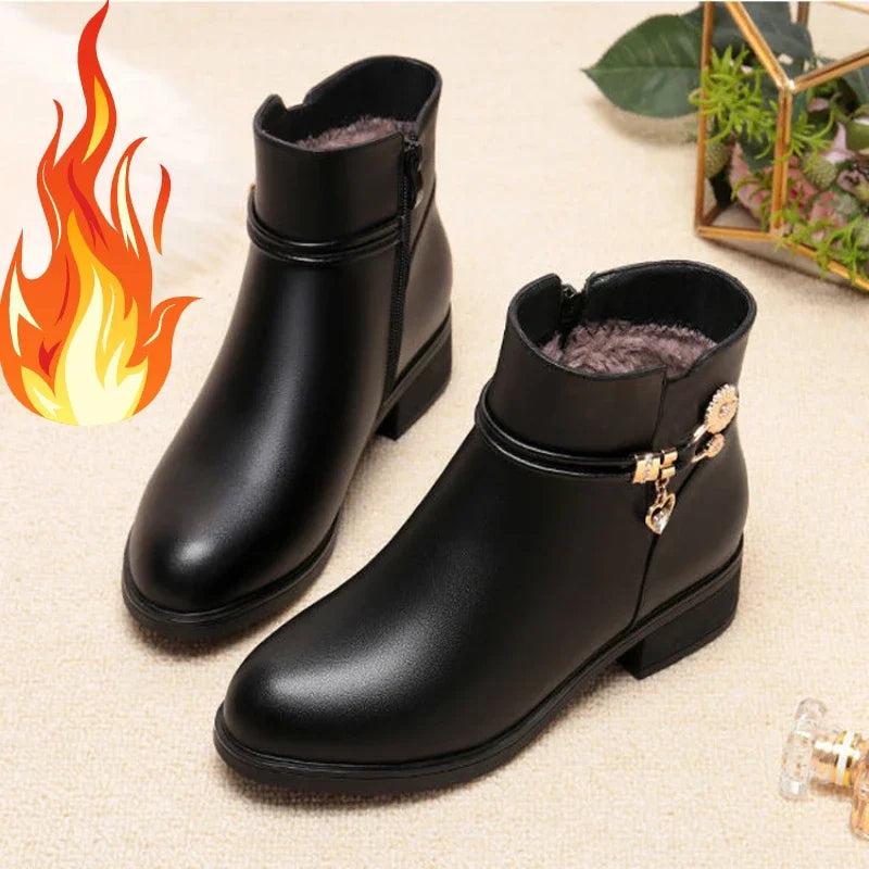 Women’s Leather Boots – Warm Autumn/Winter, Rhinestone Detail, Low Heel, Side Zip