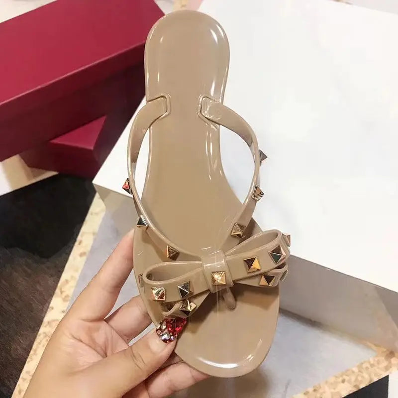 Women’s Summer Sandals – Stylish Flat Jelly Flip Flops with Bow & Rivets