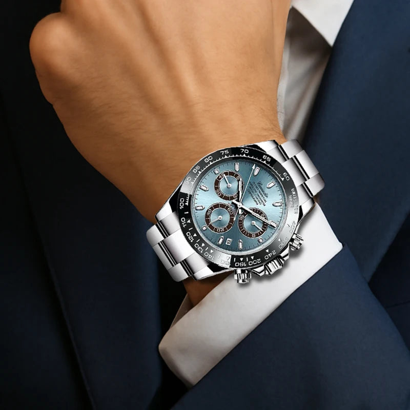 A stylish and elegant three-eye multi-purpose quartz watch with silver steel strap for men