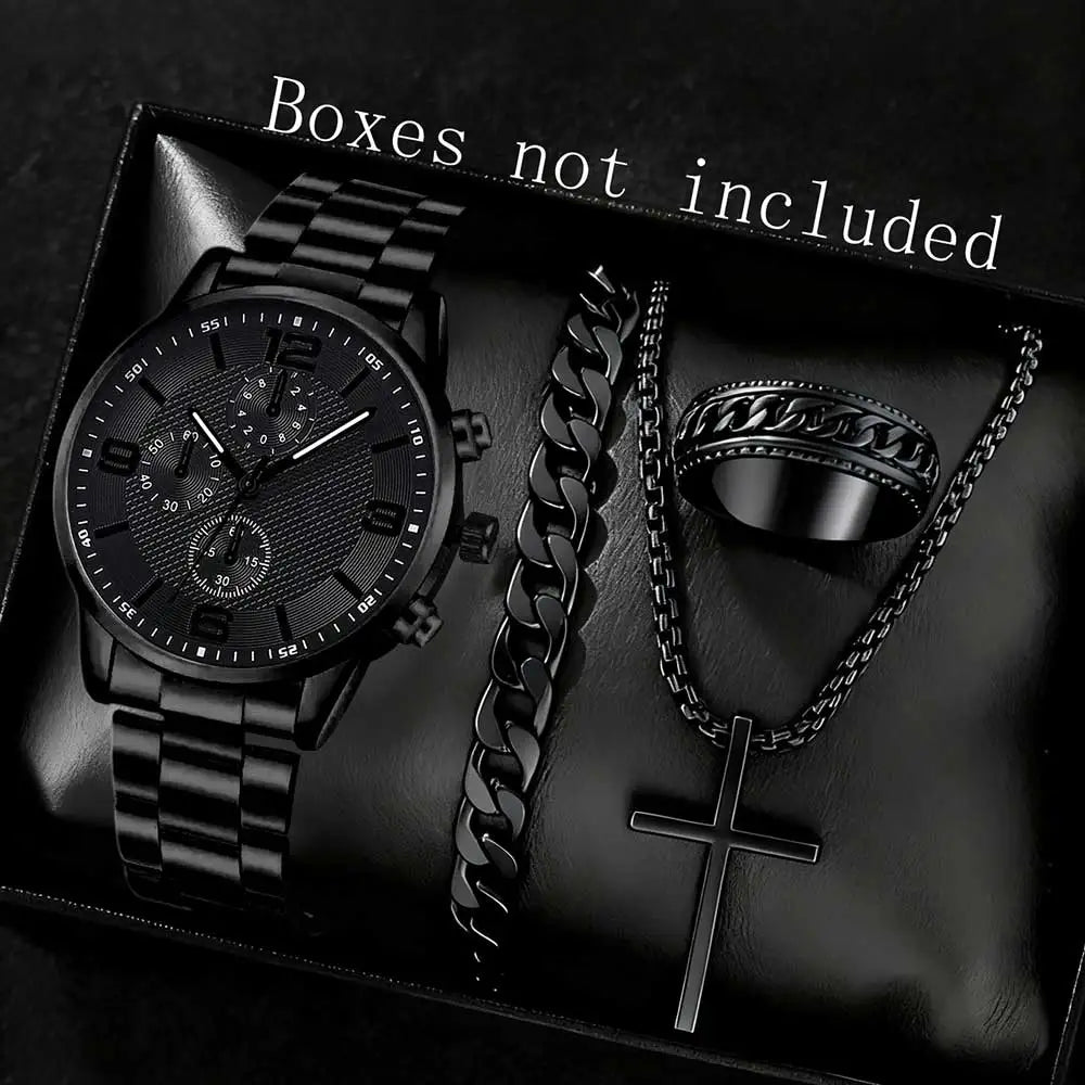 Men’s Black Watch Set – 2/4PCS Classic Quartz & Jewelry