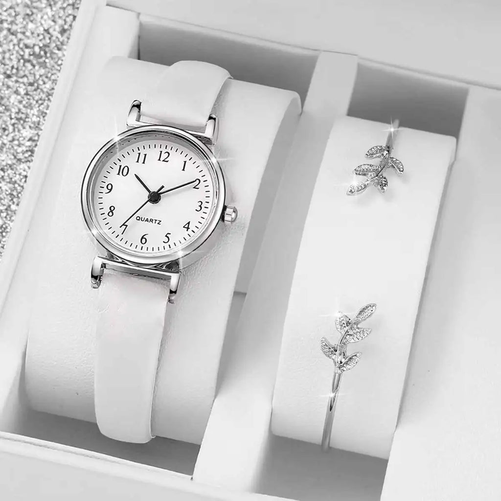 Women’s Fashion Watch & Bracelet Set – Leather Strap