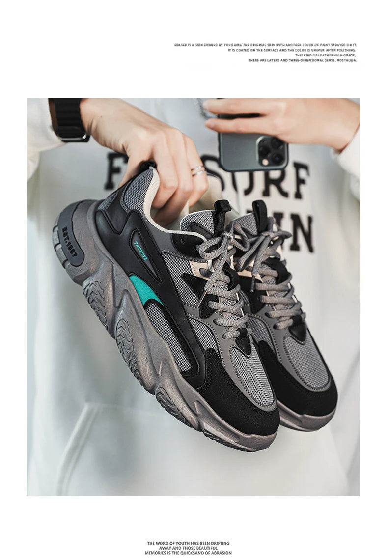 Men’s Trendy Mesh Sneakers – Thick Sole, Breathable, Lace-Up Casual Sports Shoes