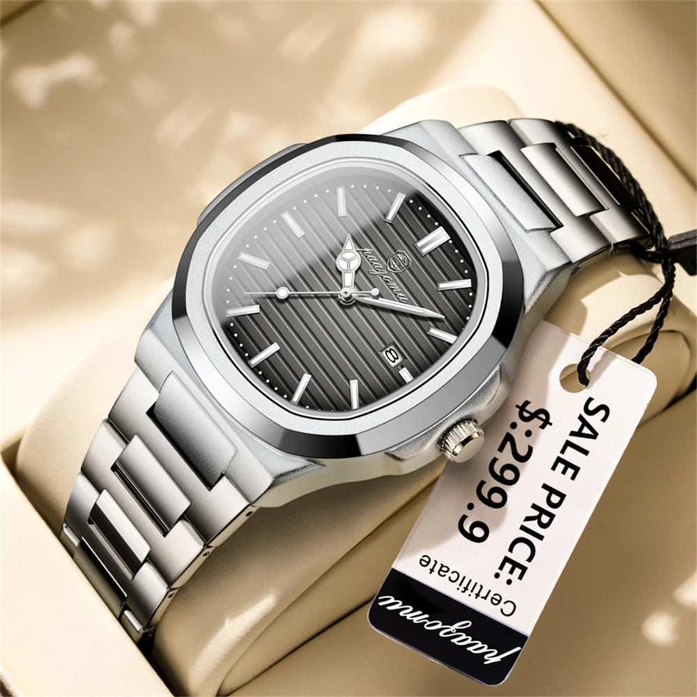 POEDAGAR Men’s Luxury Stainless Steel Watch – Quartz, Luminous, Waterproof with Square Calendar
