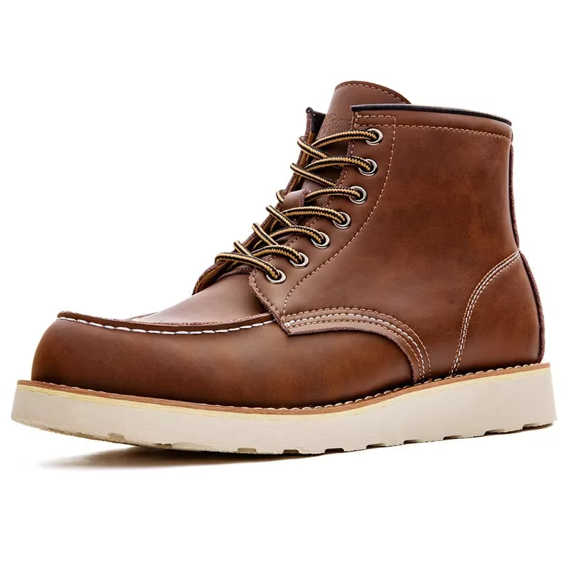Men’s Vintage Brown Leather Boots – Motorcycle Style, Lace-Up, High-Top, Outdoor Ankle Shoes