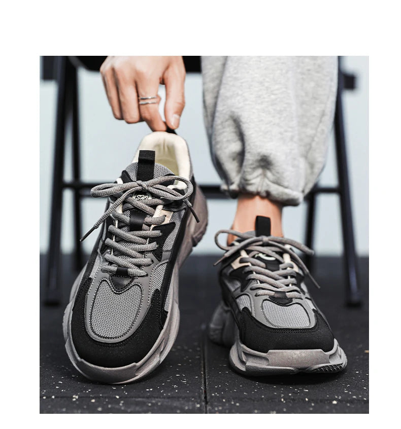 Men’s Trendy Mesh Sneakers – Thick Sole, Breathable, Lace-Up Casual Sports Shoes