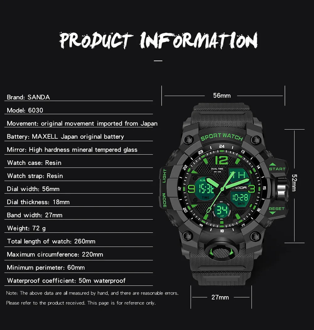 SANDA 6030 Military Digital + Quartz Watch – Waterproof Sports Model