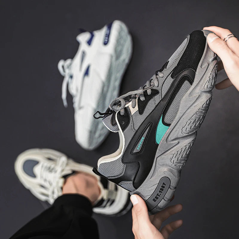 Men’s Trendy Mesh Sneakers – Thick Sole, Breathable, Lace-Up Casual Sports Shoes