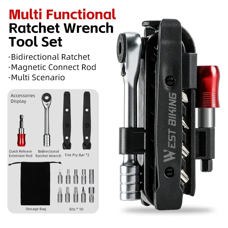WEST BIKING Portable Ratchet Wrench Kit Multifunction Bicycle Tools 14 In 1 Multitool Set Tyre Lever MTB Road Bike Gadgets