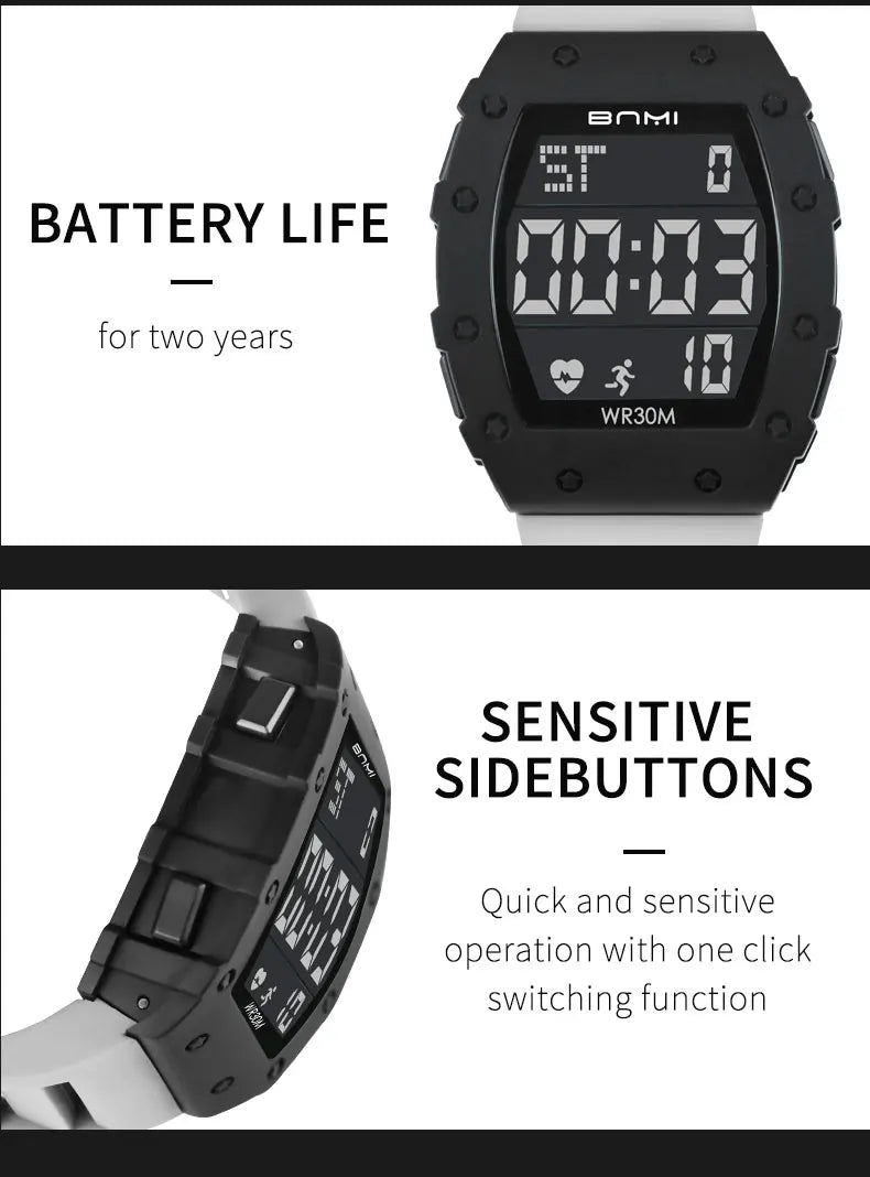 BNMI 2025 Men’s Outdoor Sports Digital Watch – Rectangle Face