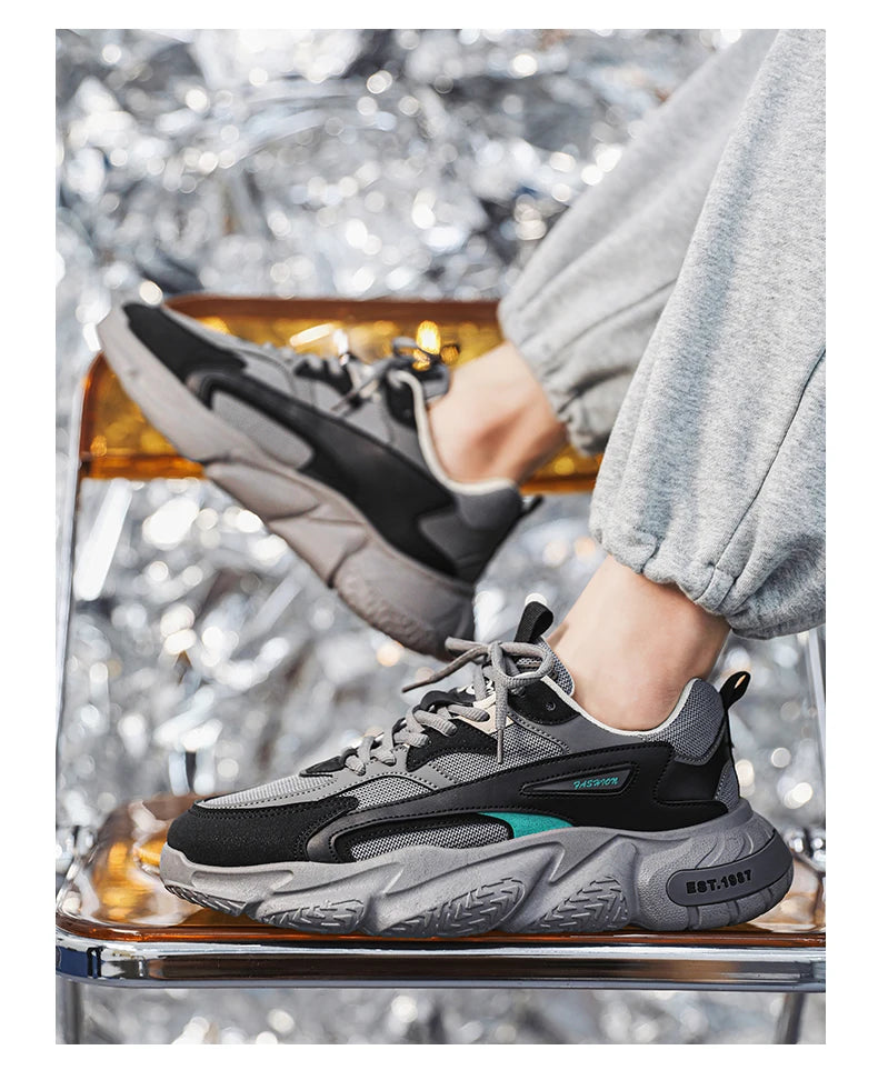 Men’s Trendy Mesh Sneakers – Thick Sole, Breathable, Lace-Up Casual Sports Shoes