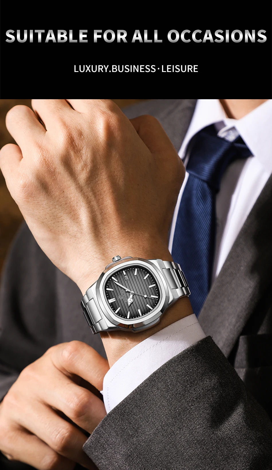 POEDAGAR Men’s Luxury Stainless Steel Watch – Quartz, Luminous, Waterproof with Square Calendar