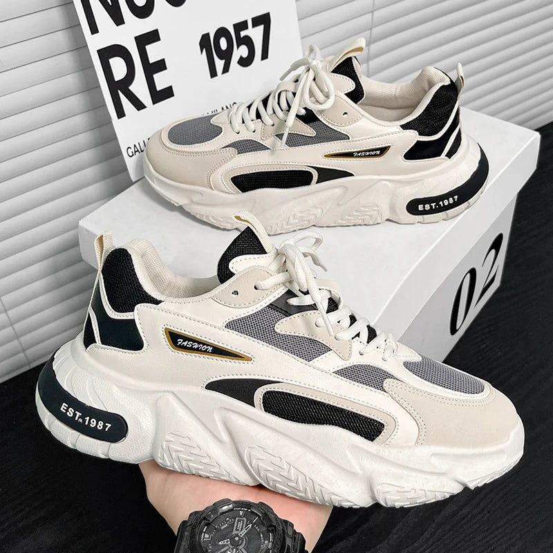 Men’s Trendy Mesh Sneakers – Thick Sole, Breathable, Lace-Up Casual Sports Shoes