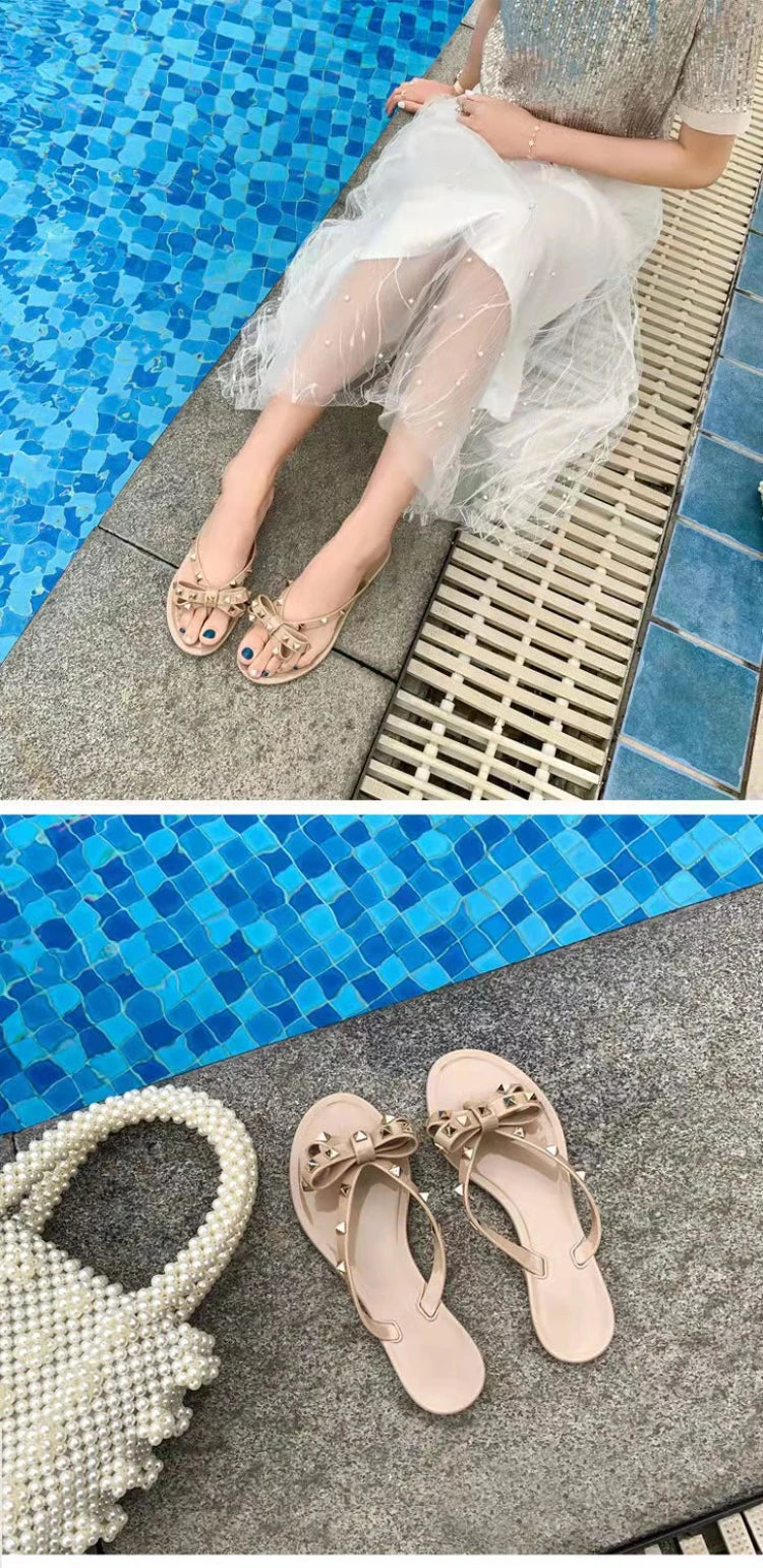 Women’s Summer Sandals – Stylish Flat Jelly Flip Flops with Bow & Rivets