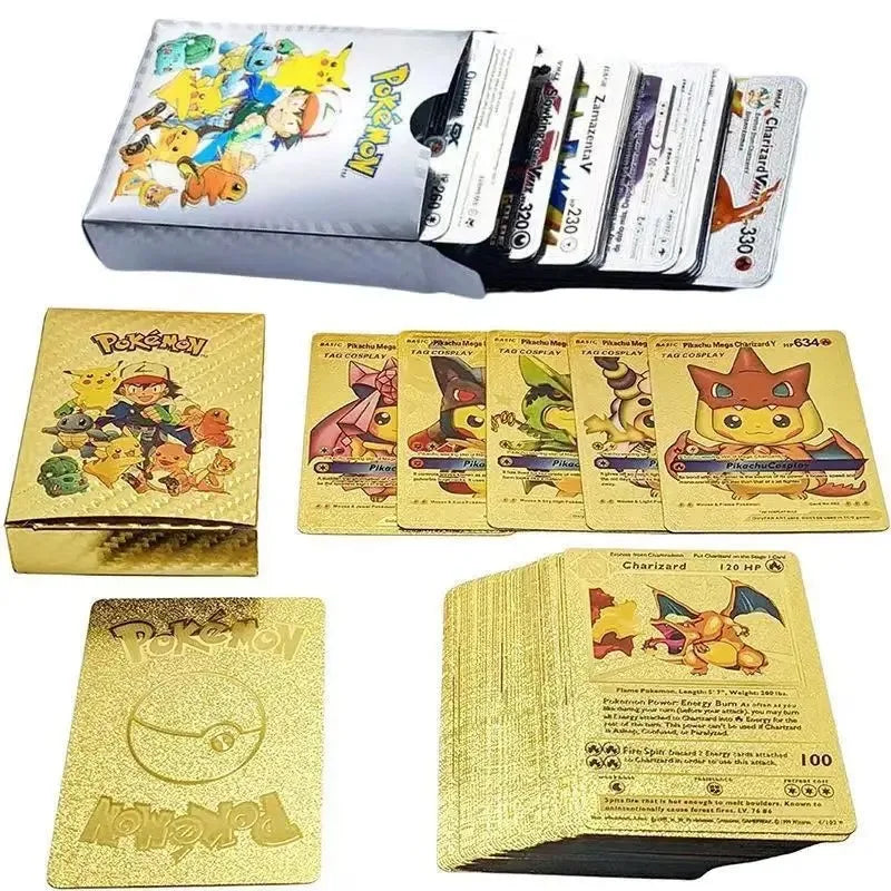 10-55Pcs Pokemon Gold Foil Cards Golden Letters English Spanish French German Game Card Metalicas Charizard Vmax Gx Series Gift