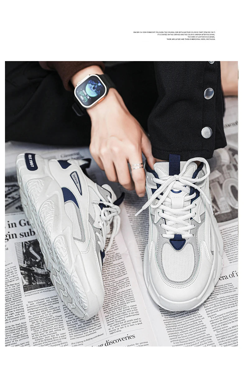 Men’s Trendy Mesh Sneakers – Thick Sole, Breathable, Lace-Up Casual Sports Shoes